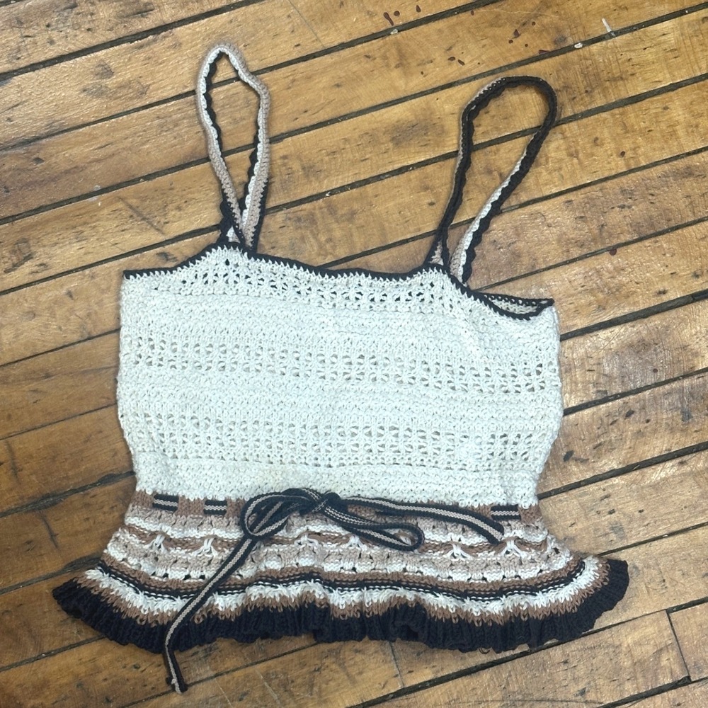 American Eagle Crochet Peplum Cami Ivory Brown Striped Boho Festival Size S